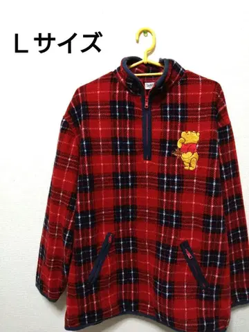 디즈니 곰돌이 푸 하프 지퍼 맨투맨 L 사이즈 레드 체크 무늬
