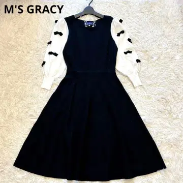 [컨디션 최상] 엠즈 그레이시 니트 플레어 원피스 리본 블랙 36