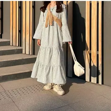 라피미 스트라이프 패턴 긴팔 롱 셔츠 원피스