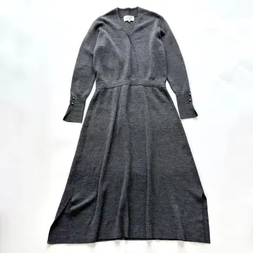 베이지 BEIGE, 울 니트 원피스 그레이 절개 플레어 롱