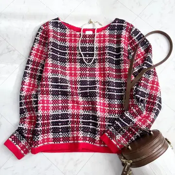 [ 젠느 ] 니트 트위드 체크 크루넥 짧은 기장 세탁 가능 빨간색 L