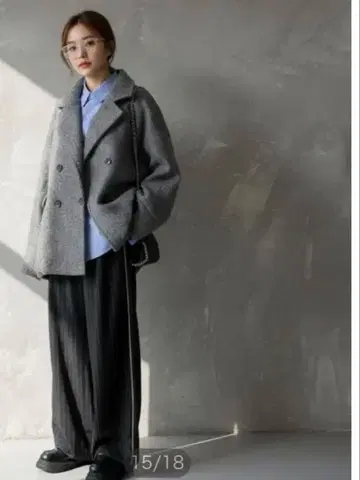 안티카 차콜 더블 브레스트 컬 샤기 코트 새상품