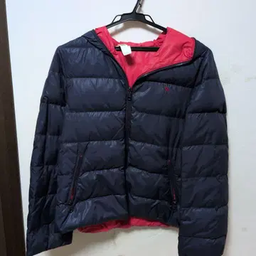 아놀드 파머 후드 부착 다운 코트 네이비와 빨간색