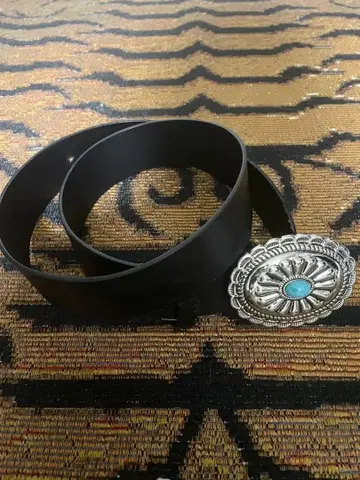 터콰이즈 스톤 블랙 가죽 벨트