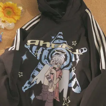 애니메이션 캐릭터 프린트 후드 부착 후드티 블랙 archive