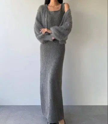Louere 니트 가디건 & l 라인 니트 원피스 세트