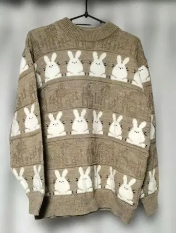 빈티지 니트 쇼와 레트로 팝 애니멀 토끼 올 패턴 걸리시