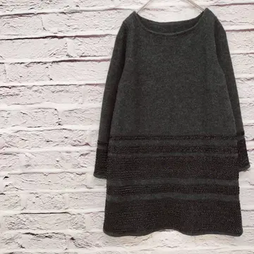 긴팔 튜닉 미니 원피스 울 리본 테이프 자수 그레이