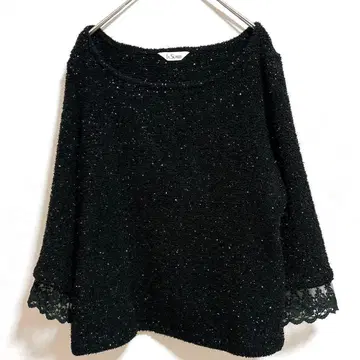 라슈메르 니트 상의 블랙 L 반짝이는 원단 라메 레이스 소매 긴팔