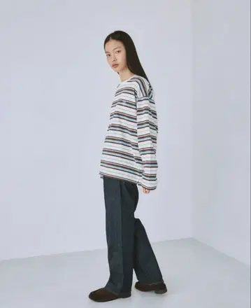 Logo 멀티 보더 루즈 롱 T