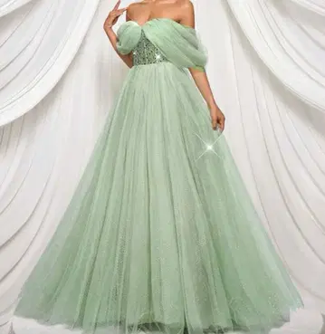민트 그린 오프숄더 튤 드레스