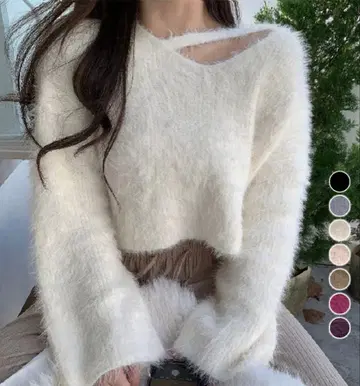 크롭 기장 샤기 니트