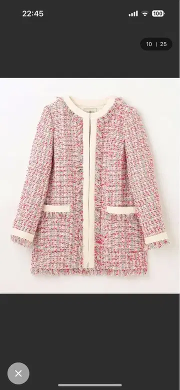 그레이스 콘티넨탈 핑크 노카라 트위드 자켓