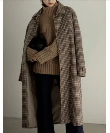 체크 무늬 울 터치 스텐카라 코트