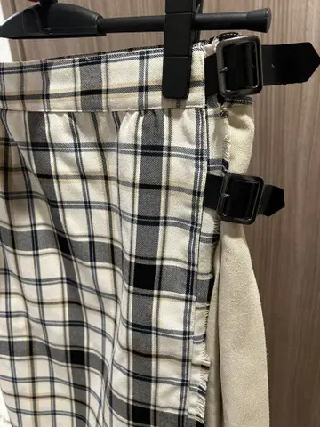 체크 무늬 롱 스커트 벨트 포함