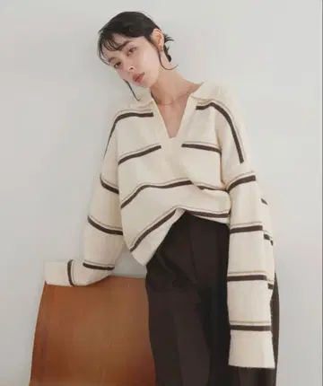 LIAN 알파카 터치 보더 폴로 니트