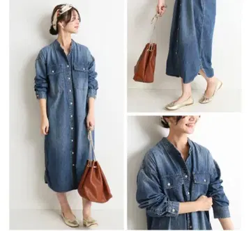 새상품급 이에나 SLOBE 롱 데님 셔츠 원피스 밴드 카라