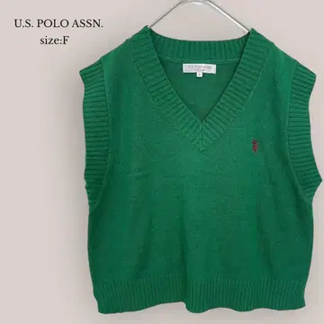 [ 유에스플로어슨 ] 새상품급 니트 베스트 V넥 로고 자수 그린 F