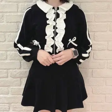 evelyn 옷깃 바이컬러 맨투맨 세트 블랙