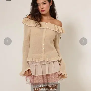 TINA : JOJUN 오프숄더 프릴 니트 가디건 M 핑크 베이지