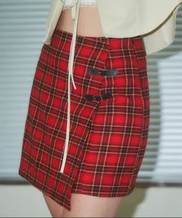 레드 체크 랩 타이트 스커트
