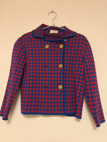 이탈리아제 빈티지 니트 가디건 체크 무늬 골드 버튼