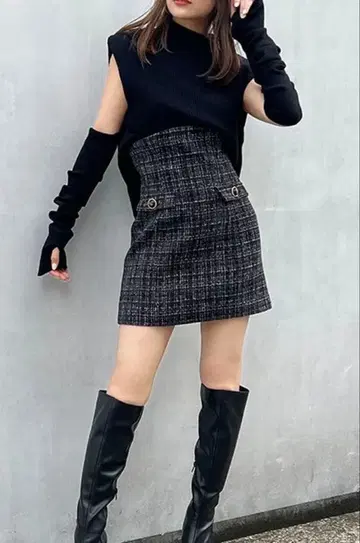 에이미 이스트 월 하이웨스트 트위드 미니 스커트 블랙