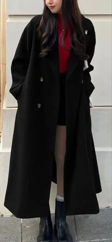 블랙 더블 버튼 롱 코트