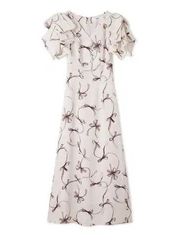 리본 무늬 프릴 소매 V넥 원피스