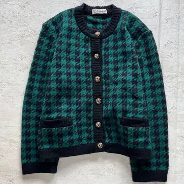 쇼와 레트로 하운드투스 패턴 니트 가디건 골드 버튼 울 혼방 그린