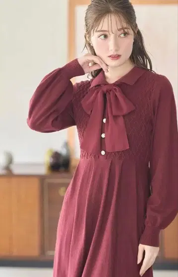 톡토 탈부착 2way 보타이 리본 케이블 짜임 니트 원피스