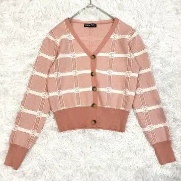 SHEIN 쉬인 니트 가디건 보더 V넥 핑크 패턴 S