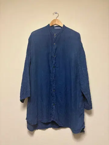 헴프 인디고 염색 7부 소매 밴드 카라 셔츠