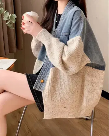 미착용 데님 니트 콤비 가디건 데님 절개 네프 니트 데님 옷깃