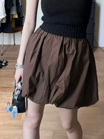 한국 브라운 벌룬 스커트 허리밴딩