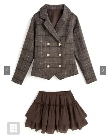 GRL 체크 무늬 더블 자켓 x 티어드 프릴 미니 스커트 셋업