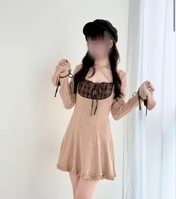 NoGenki 체크 절개 리본 컷 원피스 브라운