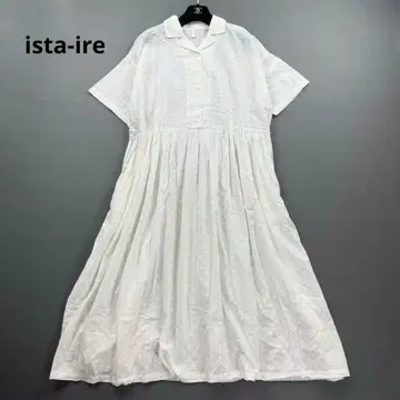 이스타일레 코튼 도트 오픈 카라 개더 롱 원피스 반팔