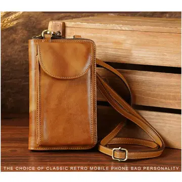 본 소가죽 레트로 스마트폰 숄더백 브라운