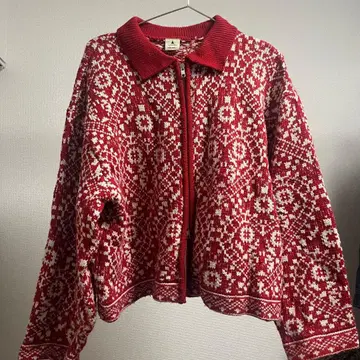 기하학 패턴 빨간색 집업 니트 가디건 더블 지퍼 니코앤드