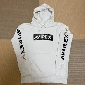 AVIREX 화이트 카모플라쥬 로고 후드티 팔 로고 L