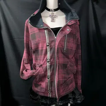 헤이세이 Y2K 그런지 초기 갸루 NANA 체크 더블 지퍼 후드티