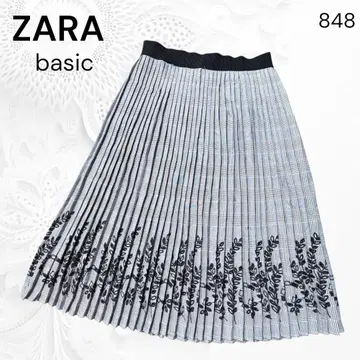 [ 자라 베이직 ] 자수 플리츠 스커트 체크 무늬 허리밴딩 M