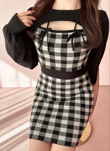 evelyn 리본 체크 타이트 OP 원피스