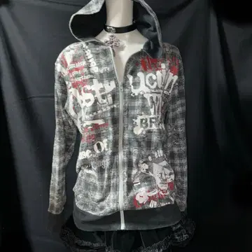 헤이세이 갸루 Y2K 그런지 체크 다크코어 후드티 스컬