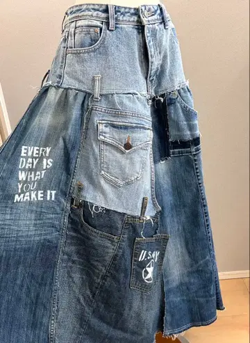 USED 데님 리메이크 스커트 구제 의류 리메이크 데미지 데님 스커트