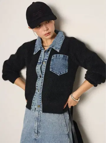 카라 부착 데님 절개 니트 가디건 / 블랙 에시카 ESICA lumier