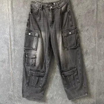 배기 데님 블랙 포켓 K-스타일 스트릿 데미지