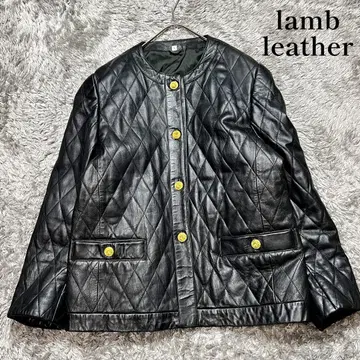 램 가죽 퀼팅 노카라 자켓 L 사이즈 일본제 골드 버튼
