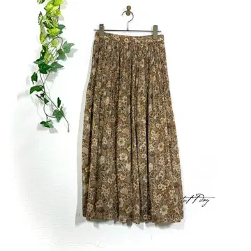 K & J 꽃무늬 플리츠 스커트 롱 미디 M 브라운 레트로